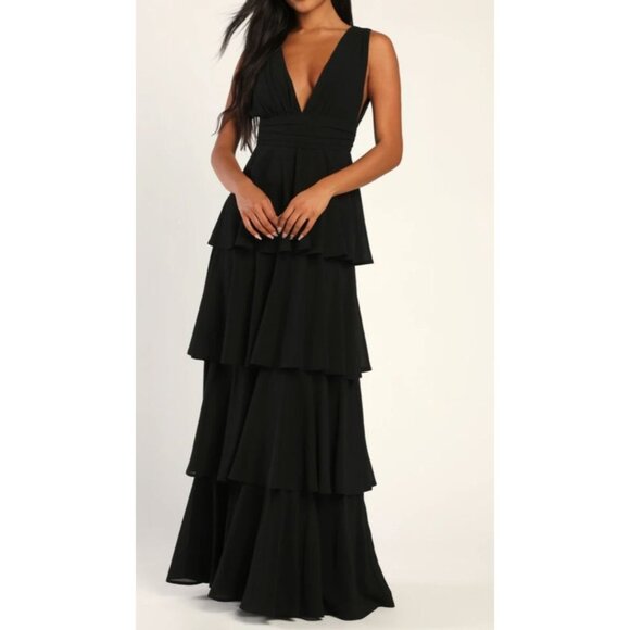 Lulus Amazing Evening Black Tiered Maxi Dress V-Neck Sleeveless Medium Elegant - Picture 1 of 10